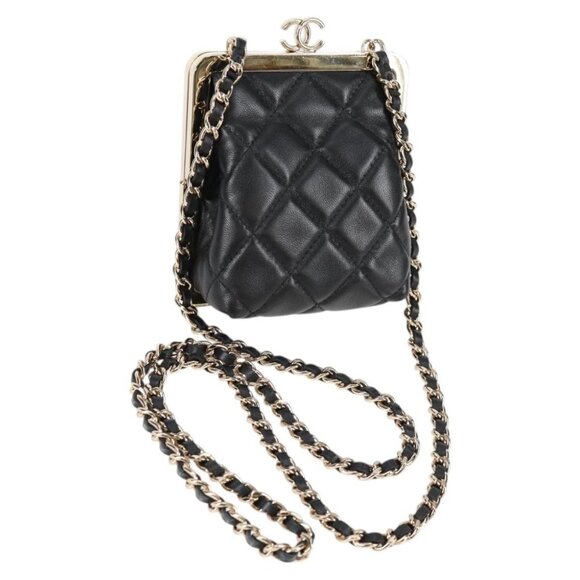 CHANEL Matelasse Chain Pouch Shoulder Bag Lamb Skin Black Gold CC Auth 125435AM - Picture 1 of 16